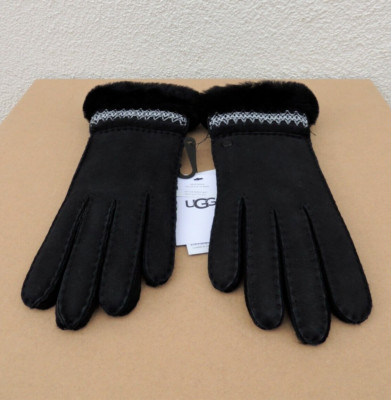 UGG BLACK TASMAN TAPE BRAID SUEDE SHEEPSKIN CUFF WINTER GLOVES ~ WOMEN M  NWT