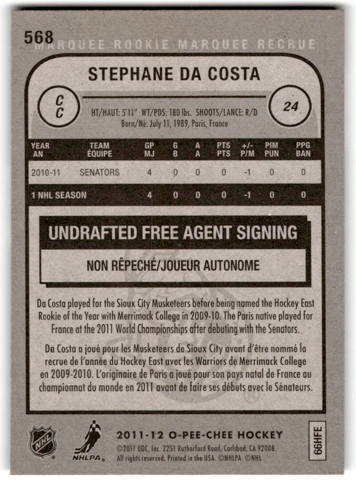 2011-12 O-Pee-Chee Stephane Da Costa Rookie #568 Ottawa Senators - Image 2 of 2
