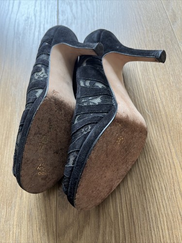 Beverly Feldman Peep Toe Lace Classic Heels Black Suede 36.5 - Picture 10 of 11
