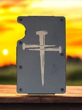 Engraved In USA, "3 Nails Cross," Blk Slim Wallet, RFID Blocking, Christian, God