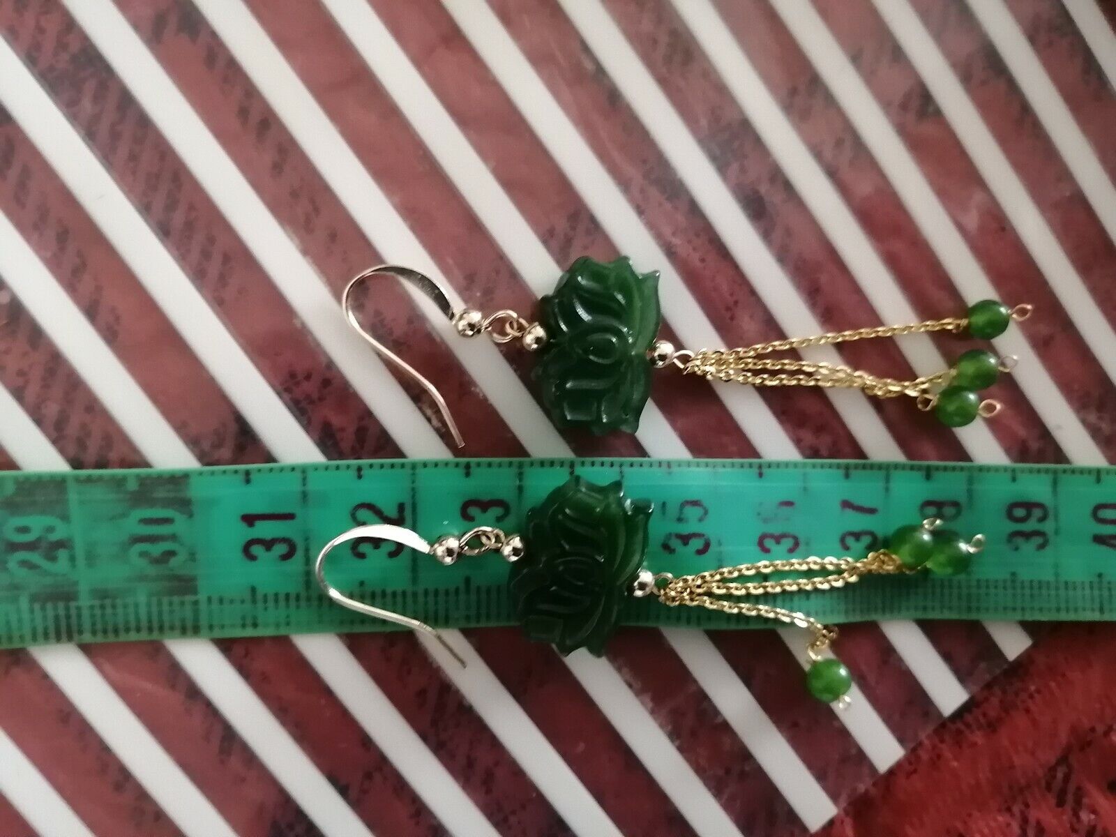 14 k gold gold-rolled earrings with carved authentic green jade!!! Gorgeous!!!!