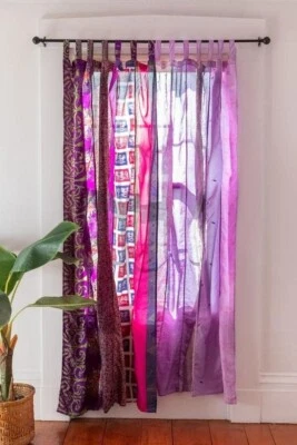 Rideau indien vintage en soie sari patchwork couleur violet drapé décoration ... - Photo 1/4