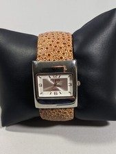 Silver Tone Square Case Open Cuff Brown Bracelet Band Watch 6 Inch