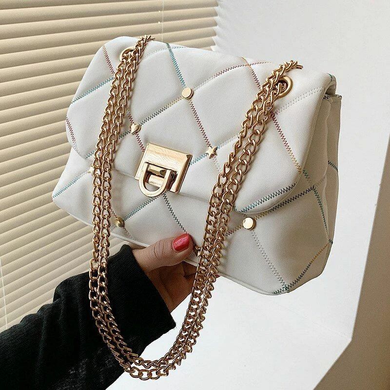 Silver Chain Strap Lattice Shoulder Bag