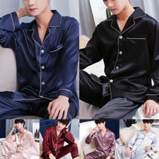 Herren Seide Satin Schlafanzug Pyjama Satz Lang Arm Nachtwäsche Pyjama L- 3XL