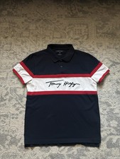 Tommy Hilfiger Collared Polo Short Sleeve Shirt Navy Blue White Size L Mens
