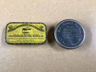 ANTIQUE Woods Improved Lollacapop Insect Bite Antidote and LL Bean Fly Dope Tin
