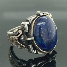 925 Sterling Silver Men Natural Lapis Lazuli Engraved Ring