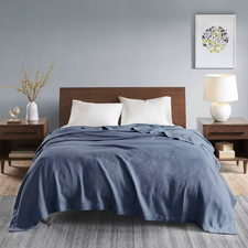 Full/Queen Textured Cotton Blanket Blue: Madison Park Waffle Weave, BLUE