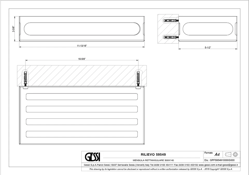 Estante de pared Gessi 59549-720 Venti20 12" - PVD níquel satinado - Nuevo Foto 2 de 4