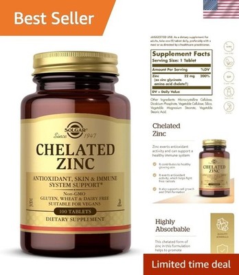 Chelated Zinc Supplement - 200% Daily Value for Skin & Immune Health, 100 Count