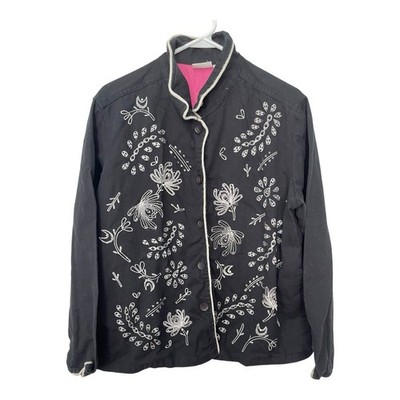White Stag L Black Button Up Jacket Floral Embroidered Beaded Boho Coastal