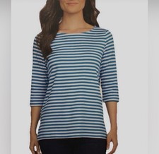 Land's End blue white nautical preppy 3/4 Sleeve Boat Neck Pima Cotton top NWT L
