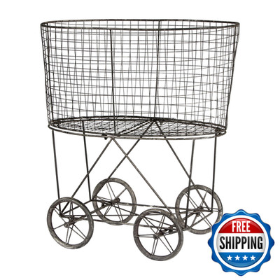 Creative Co-Op Vintage Metal Laundry Basket Wheels 25 X 15 X 26 3/4 W X D X H