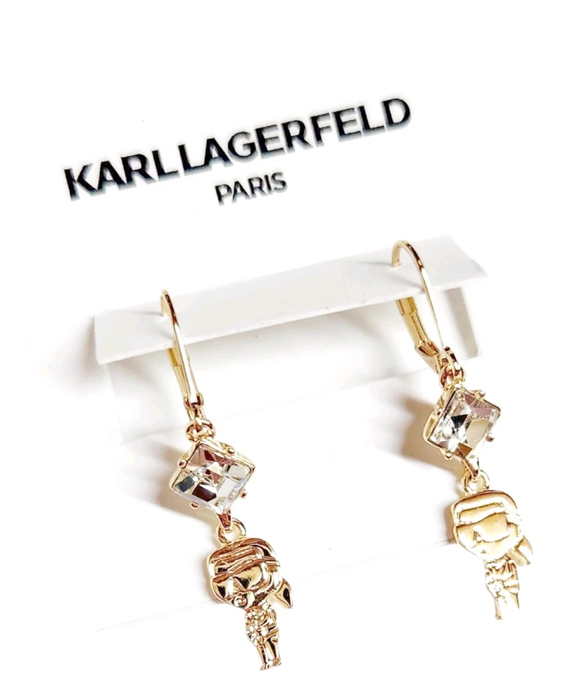 Pendientes colgantes Karl Lagerfeld doble cristal Karl Charm latón chapado en tono dorado nuevos con etiquetas Foto 2 de 4