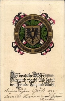 Embossed Postcard Black Eagle, Oak Leaves, Coat of Arms - 10934878