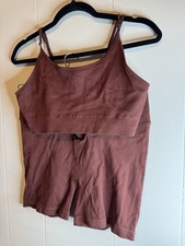 Brown Ribbed 2 Piece Women's Activewear Set - Crop Bra  Shorts Size L