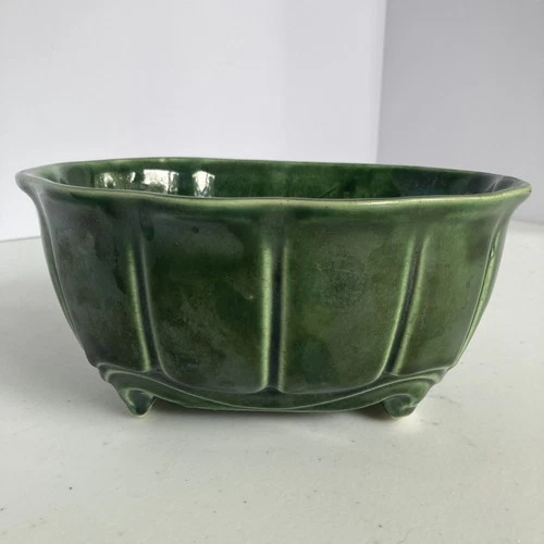 Vintage USA Pottery 489 Deep Green Ribbed Bowl Planter 1960s Olive Avocado Retro
