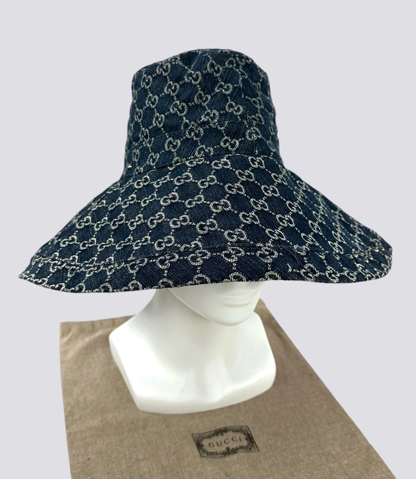Ladies Gucci GG Monogram Logo Canvas Jacquard Bucket Hat Wide Brim Cap Navy S