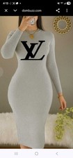 LOUIS VUITTON Gray Knit Bodycon Midi Dress Long Sleeve Logo L Women