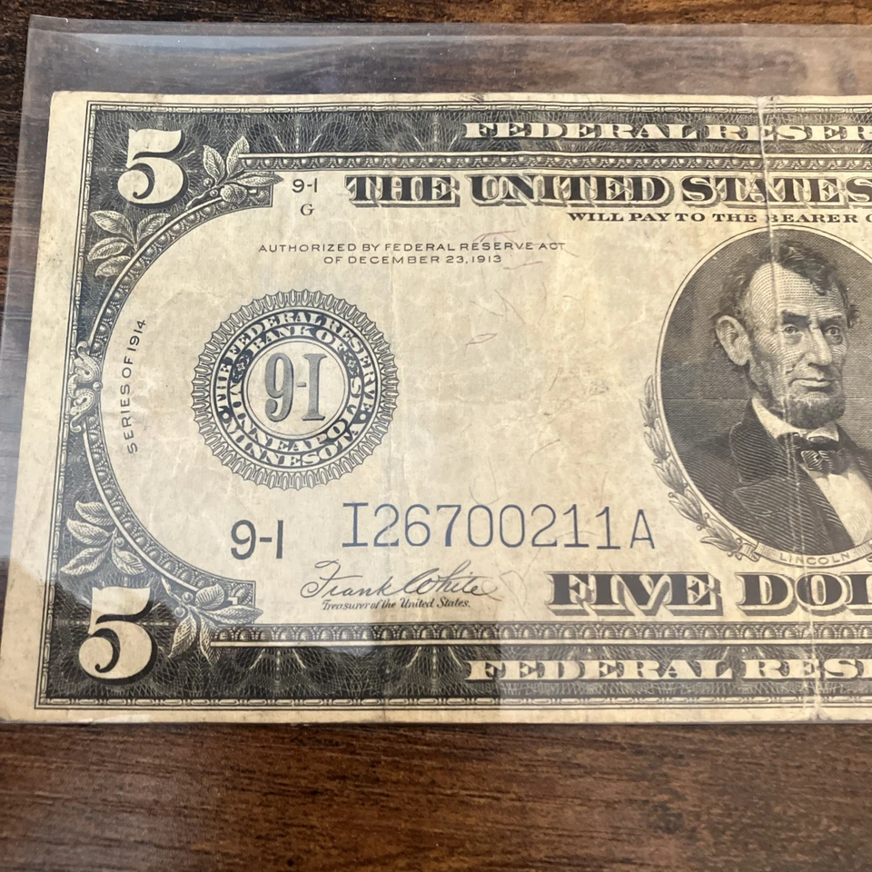 US 1914 $5 DOLLAR BILL FEDERAL RESERVE LARGE NOTE BLUE SEAL Minneapolis Bank - Image 3 of 4