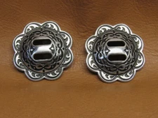 Pair of Jerimiah Watt Horse Shoe Brand Slotted Black Background Concho 1 3/4"