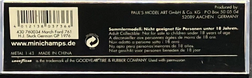 Minichamps 1/43 March Ford 761 German GP 1976 H. J. Stuck 430760034 - Image 4 of 4