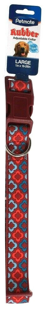 1 Pet Mate Rubber Adjustable Collar Easy Clean Large 1" X 16-26" Red Mosaic