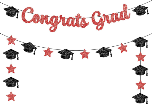 , Glitter Congrats Grad Banner Red and Black - 10 Feet | Black and Red Graduatio