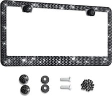 2x Black Crystal Diamond Stainless Steel License Plate Frame Cover AHM J