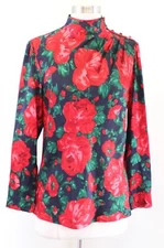Vtg Carlisle Silk Rose Floral Print Mock Neck Blouse Top sz 4 Red Navy Blue 90s