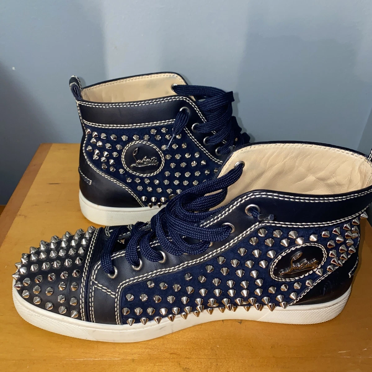 Christian Louboutin - Louis Spikes Leather High-Top Trainers - Mens - White Navy