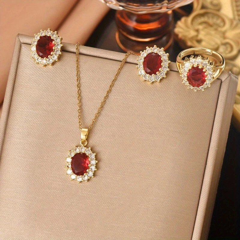 Кольцо ожерелье и серьги комплект 14K желтое золото покрытием груши Lab создал красный рубин - Изображение 4 из 4