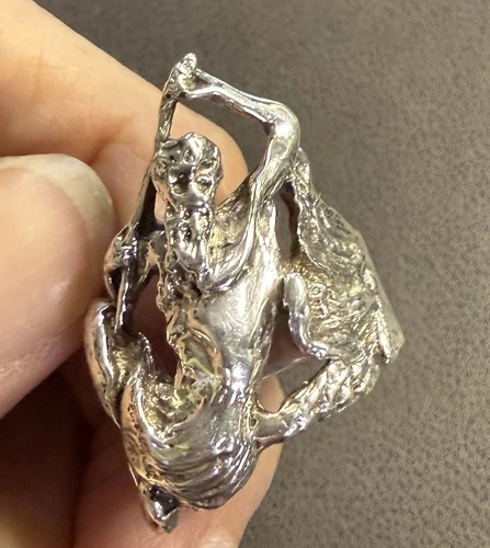 Vintage Sterling Silver Greek God Poseidon Ring Brutalist Style NR