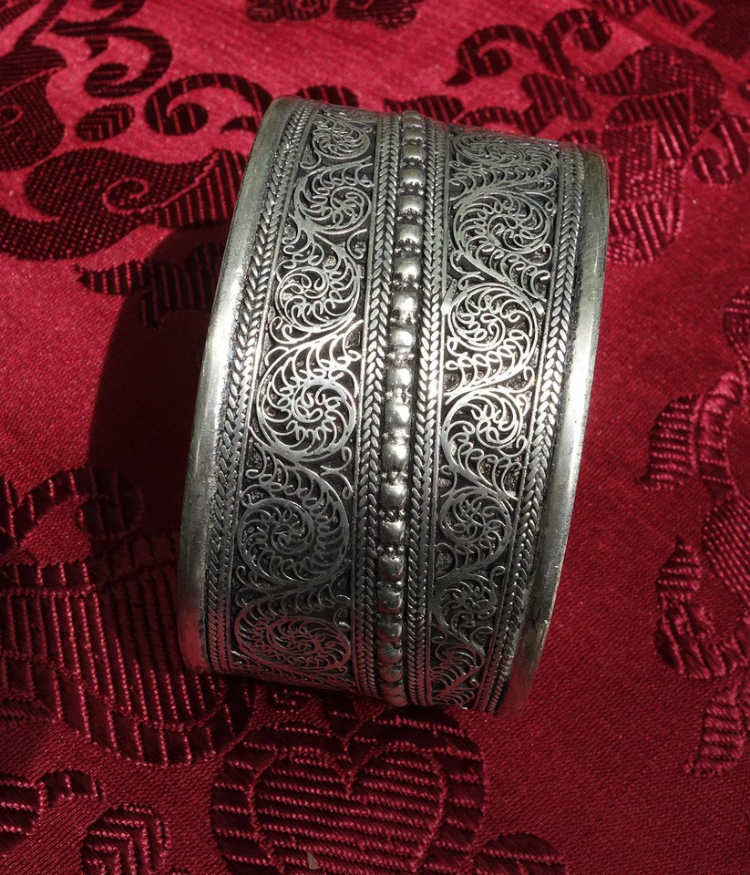 Meravigliosa Largo Tibetano Argento Bracciale IN Nepal, Filigrana Fatto a Mano - Immagine 2 di 2