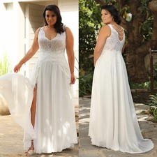 Plus Size A-Line Wedding Dresses V-Neck Side Split Lace Appliques Bridal Gowns