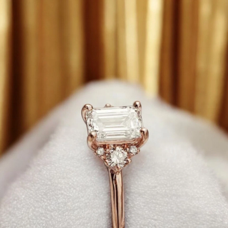 14k Rose Gold Ring For Wedding Diamond Lab Grown Emerald 1.7 Carat IGI Certified - Image 3 of 4