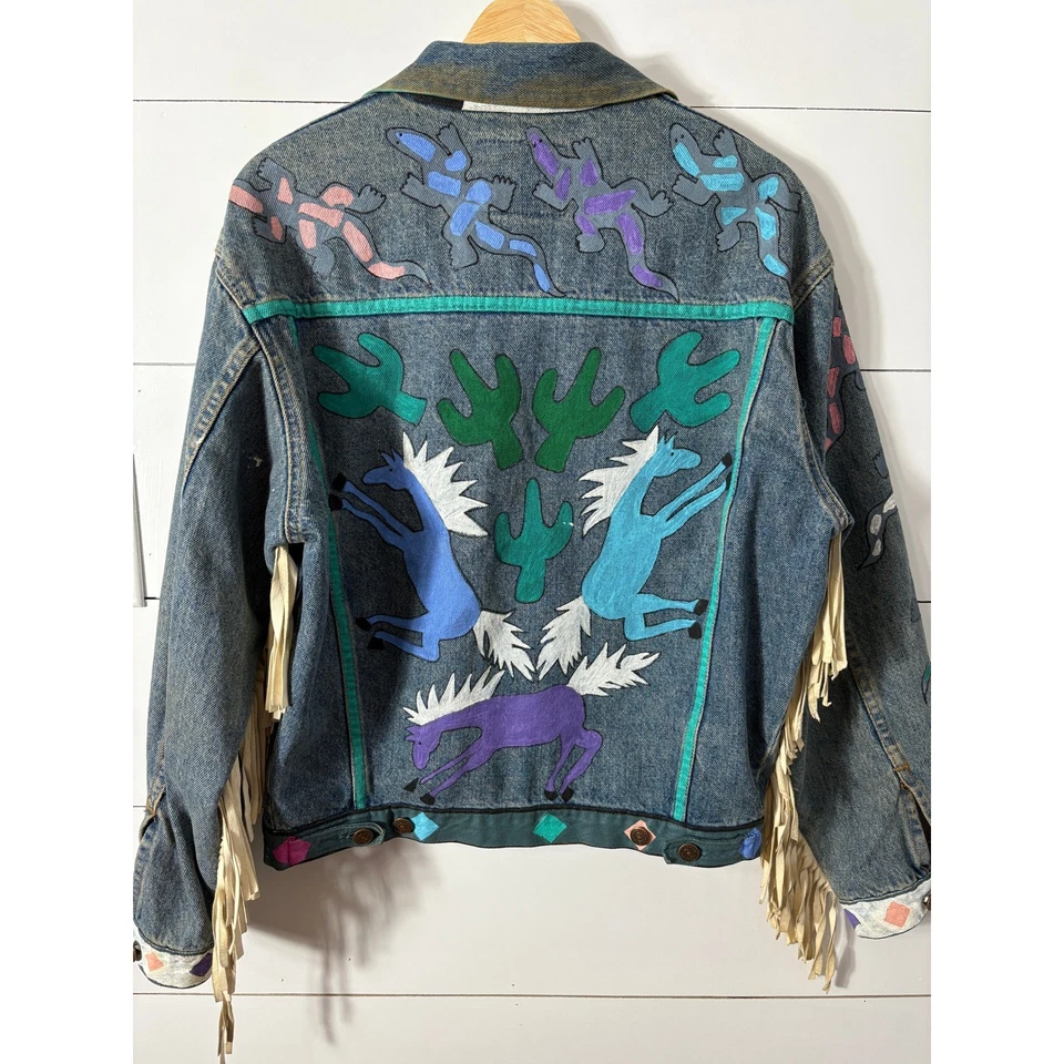 Chaqueta Denim Gap Vintage Western Southwest Pintada Vaca Calavera Flecos Única S Foto 3 de 4