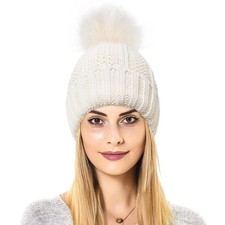 Womens Winter Beanie Hat Satin Lined Faux Fur Pom Pom Warm Knit Cap