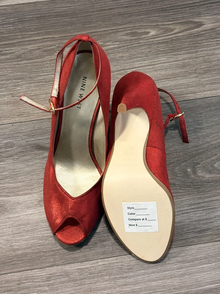 Zapatos de tacón Nine West para mujer rojos brillantes talla 8,5 EE. UU. elegantes 3 pulgadas punta abierta Foto 4 de 4