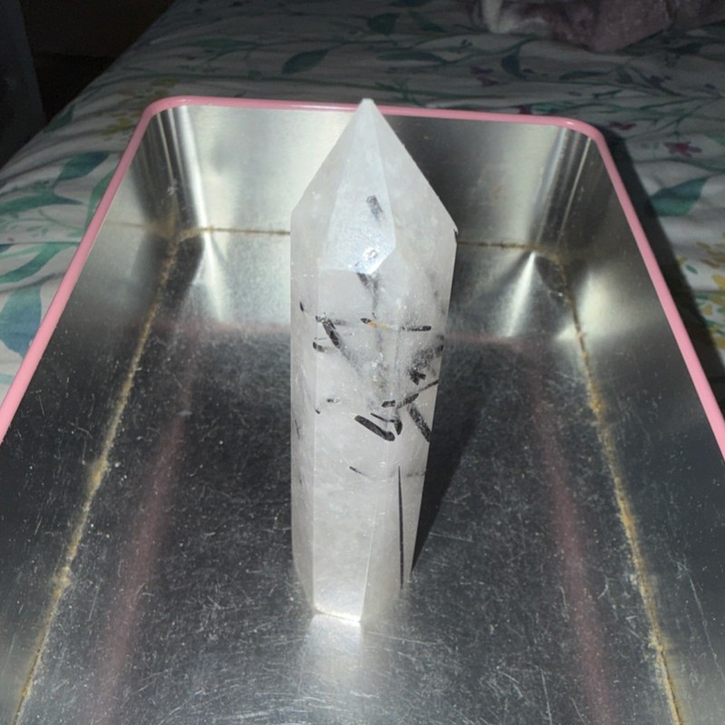 Clear Quartz Crystal Healing Point Polished with Black Inclusions