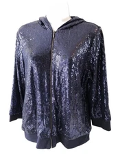 Chicos Zenergy Jacket Blue Sequin Hooded Party Sparkle  Size 3 XL