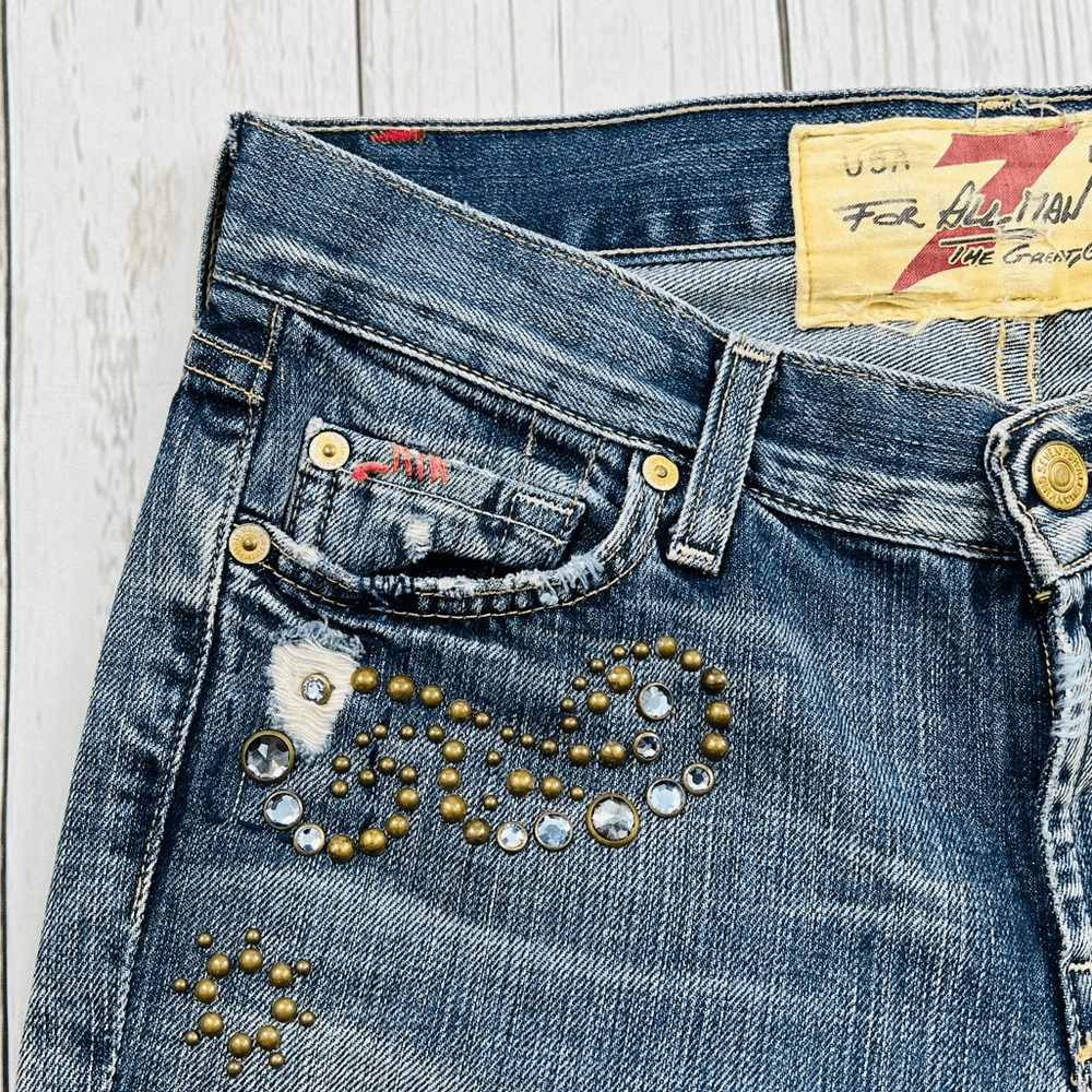 ⭐︎美品✨ペイントデニム 花柄 ラインストーン フェアリー y2k 7 FAM Flare Jeans Y2K Limited Edition Great China Wall Size