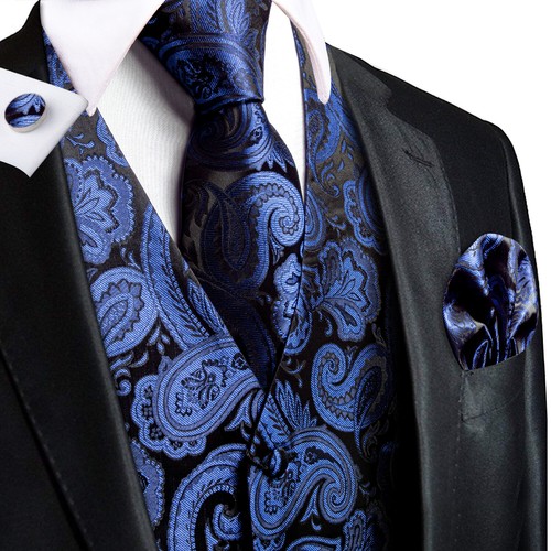 Mens Formal Wedding Waistcoat Floral Paisley Suit Vest Slim Tuxedo Silk Tie Set - Picture 107 of 134