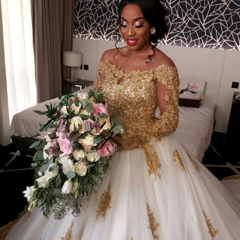 AfricaWedding Dresses Long Sleeves Gold Lace Appliques Bridal Gowns Chapel Train - Image 3 of 4