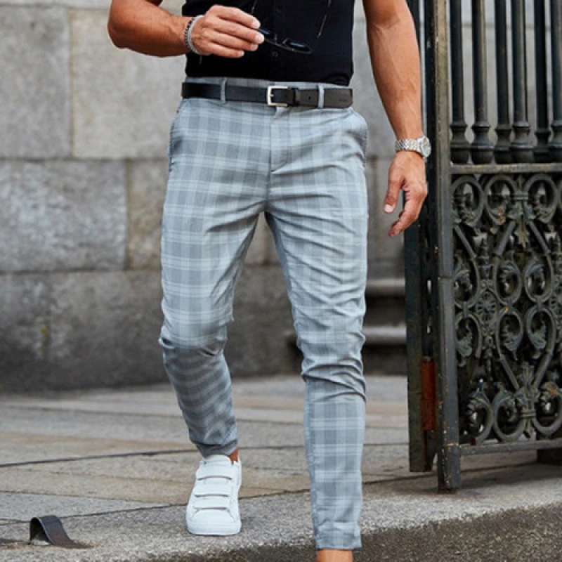 Fashion Mens Plaid Pencil Long Pants Business Casual Slim Fit