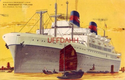 AMERICAN PRESIDENT LINES, S.S. PRESIDENT CLEVELAND. Fred Ludekens illustr. 1955
