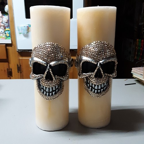 Chrom Engel Swarovski Kristall Totenkopf Kerzenverpackung mit Original 12" Säulen - 2 Stück