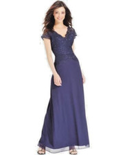 ONYX NITE Navy Shimmer Lace Bodice V-Neck Cap Sleeve Formal Gown 4 NEW 119