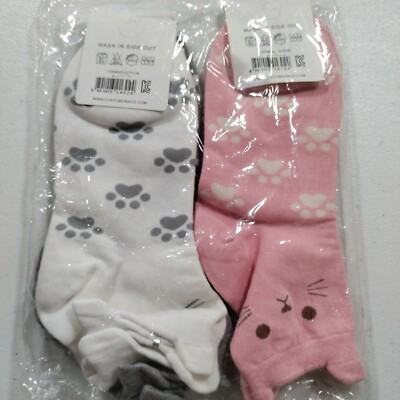 customonaco 3 Pair of CAT FACE paws Ladies Cotton ANKLE Socks white grey pink